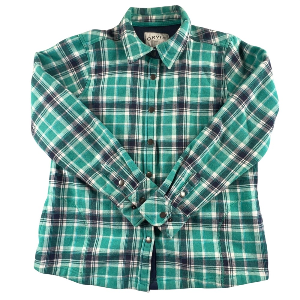 Orvis Mens Green Plaid Fleece Lined Flannel Snap Front Shirt Jacket Large